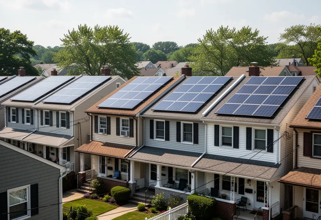Attached and semi-detached houses with rooftop solar panels on a dense residential street in southern Westchester