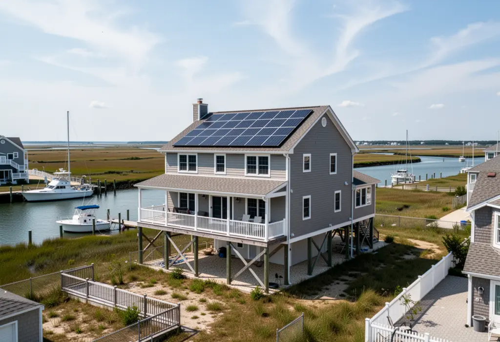 A raised south shore Long Island house with rooftop solar panels near a canal, boats and flat coastal landscape