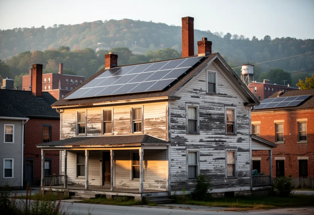 An early twentieth century wood-frame house with rooftop solar panels in an old upstate New York mill town, hills behind