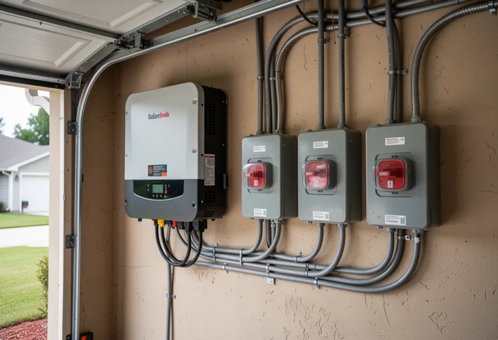 A solar inverter and electrical disconnect boxes mounted on the wall of a residential garage, conduit runs visible