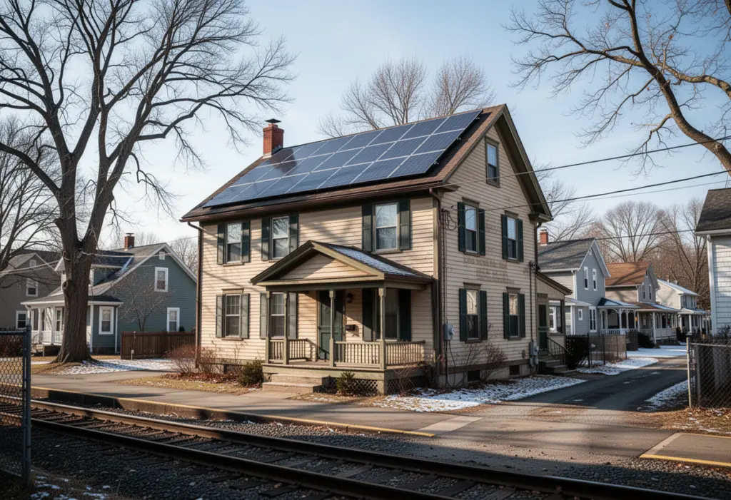 A modest early twentieth century house with rooftop solar panels on a village street near a Long Island Rail Road station