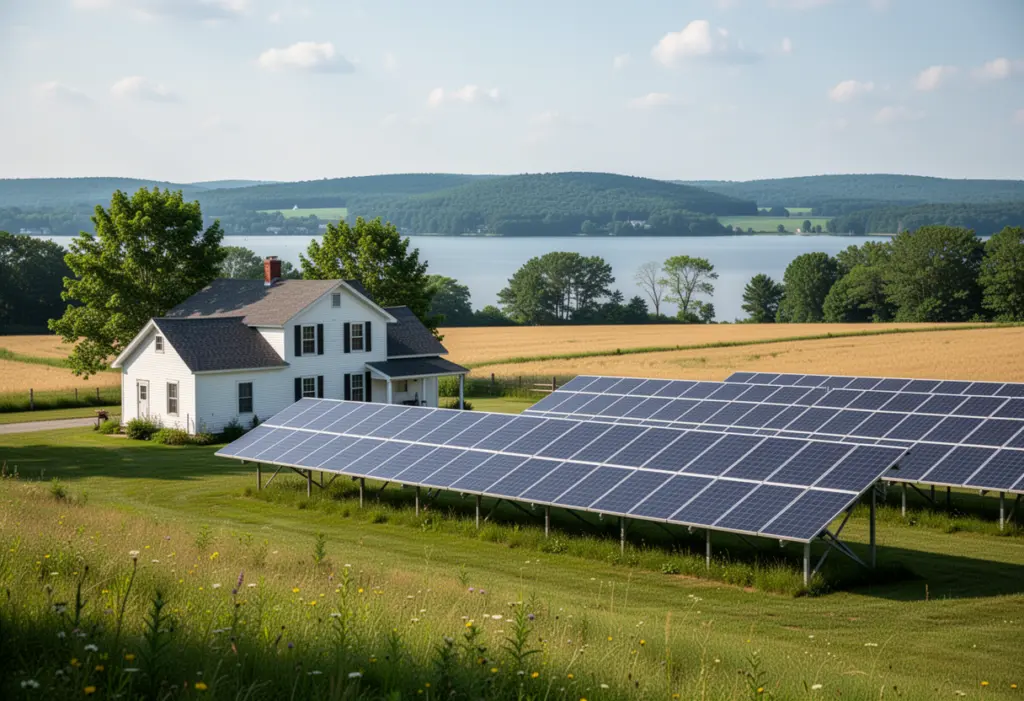 A farmhouse with a ground-mounted solar array between open fields in the Finger Lakes of New York, a lake visible in the distance