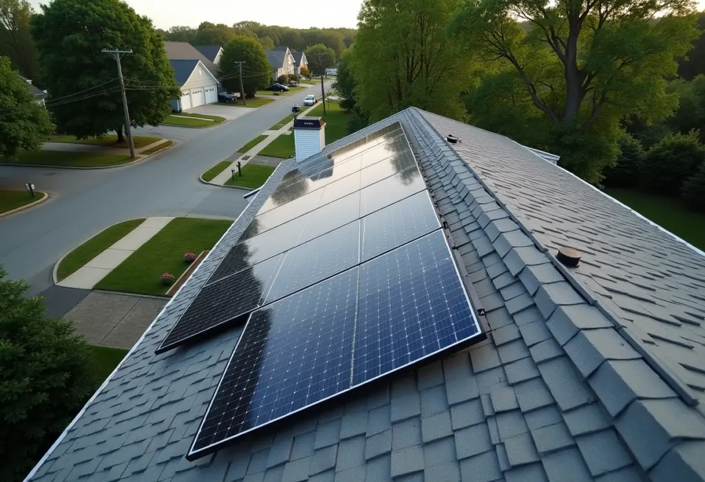 A realistic daytime photograph of a solar panel array on the roof of a 1960s ranch-style suburban house in the Capital Region of New York