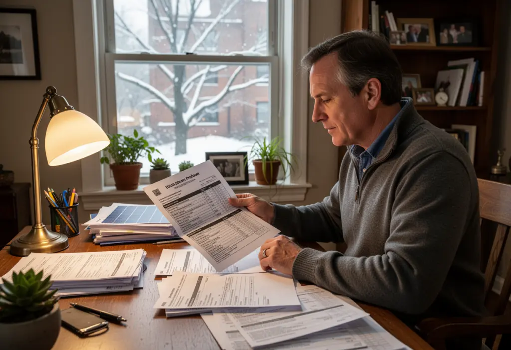 A homeowner at a desk comparing a printed solar proposal against tax paperwork in a New York home