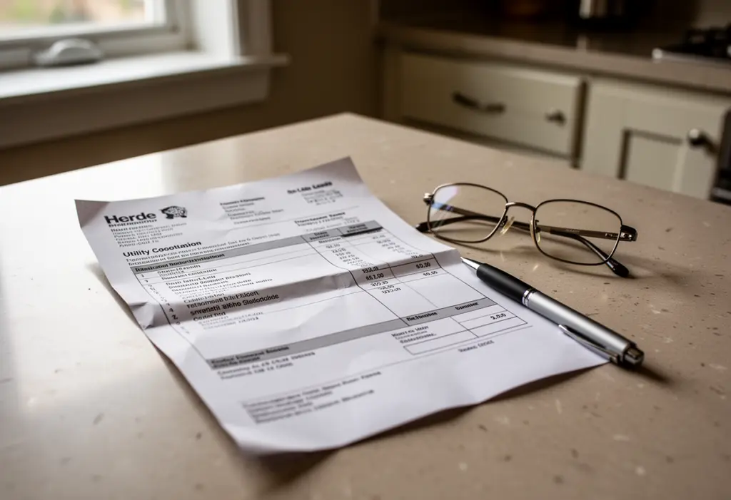 A paper utility bill on a kitchen table beside reading glasses and a pen