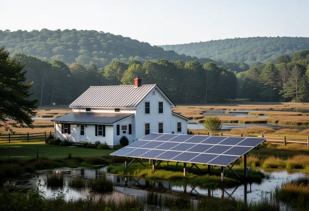 A white farmhouse with a standing seam metal roof and solar panels on a ground mount in a rural eastern Dutchess County New York valley