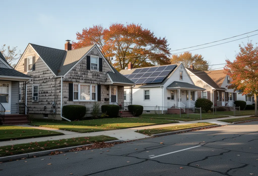 Postwar cape and ranch houses on a residential street in Hicksville, Nassau County Long Island, one roof carrying solar panels
