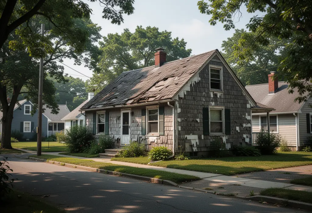 A post war ranch house with a shingled roof on a tree lined street in a south shore Long Island hamlet