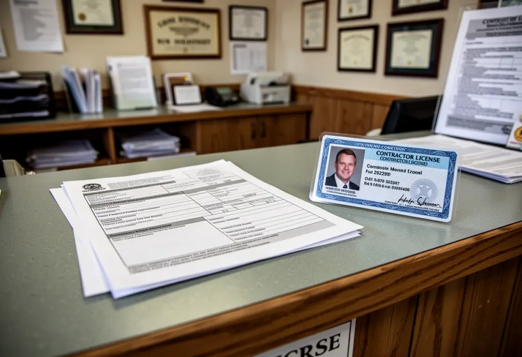 A town building department counter with a permit application and a contractor licence card on it in a small New York town