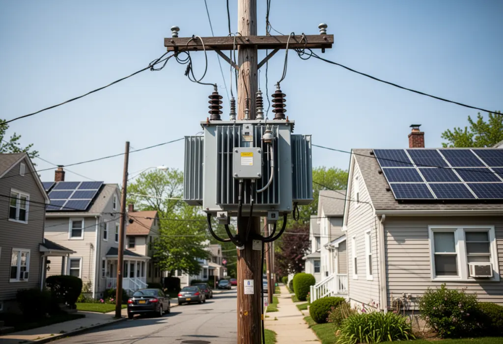 A utility distribution transformer on a pole above a suburban New York street with rooftop solar visible on nearby houses