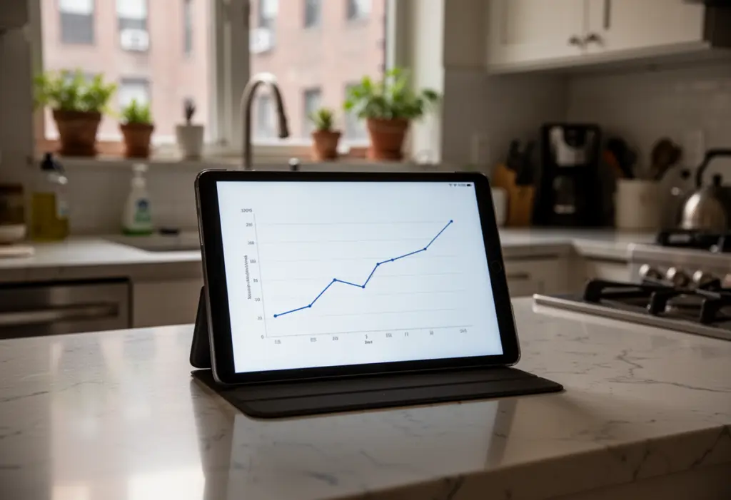 A tablet propped on a kitchen counter displaying a simple line graph, no legible text