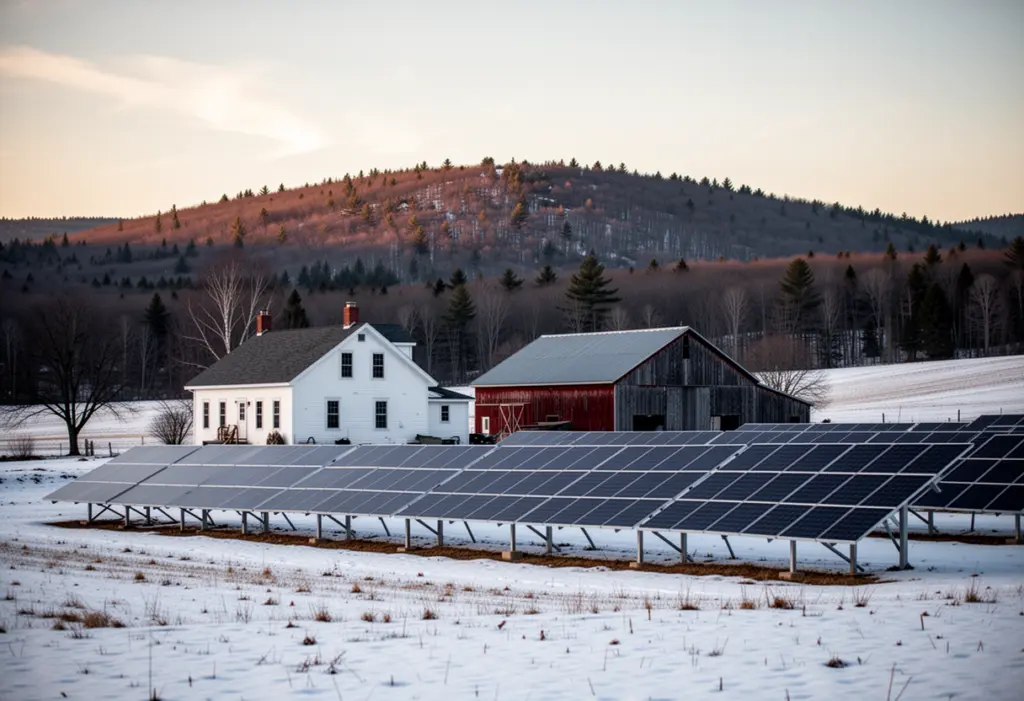 A farmhouse and barn with a ground mounted solar array in open farmland in Franklin County northern New York, snow covered fields with a forested ridge behind
