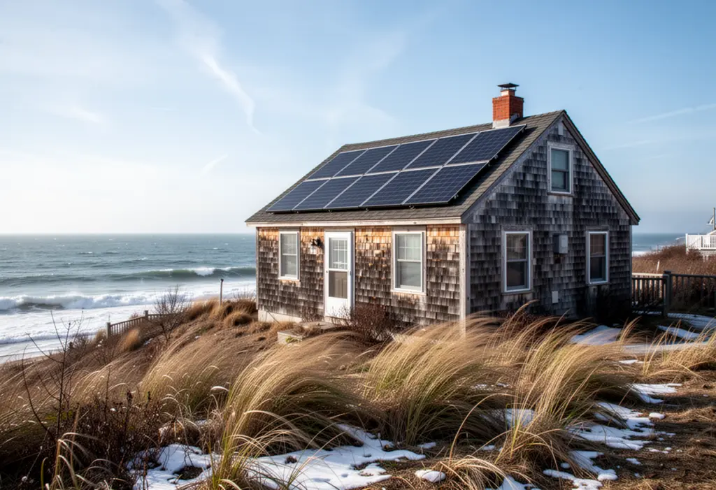 A weathered shingle house with rooftop solar panels on a bluff above the Atlantic near Montauk, windswept grass