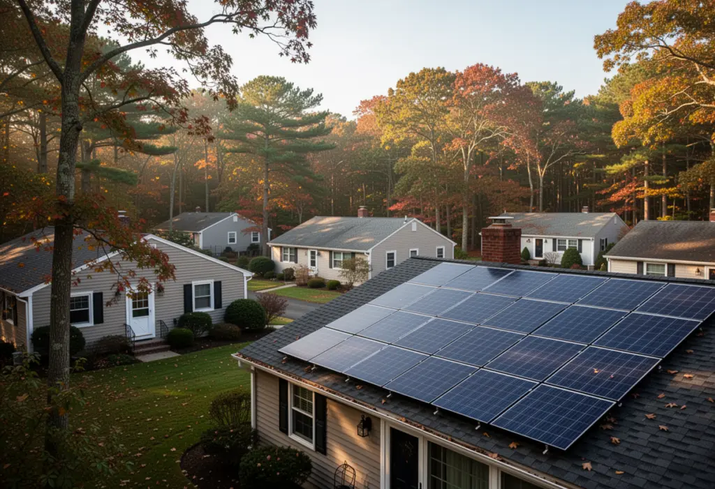 A wooded suburban neighbourhood of ranch houses in the Town of Brookhaven, central Suffolk County Long Island, solar panels on a south facing roof