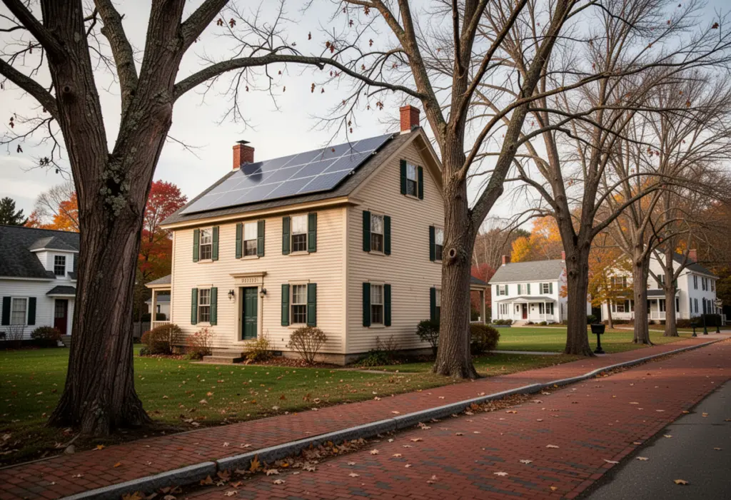 A nineteenth century clapboard house with rooftop solar panels on a village street near the green in Fredonia New York