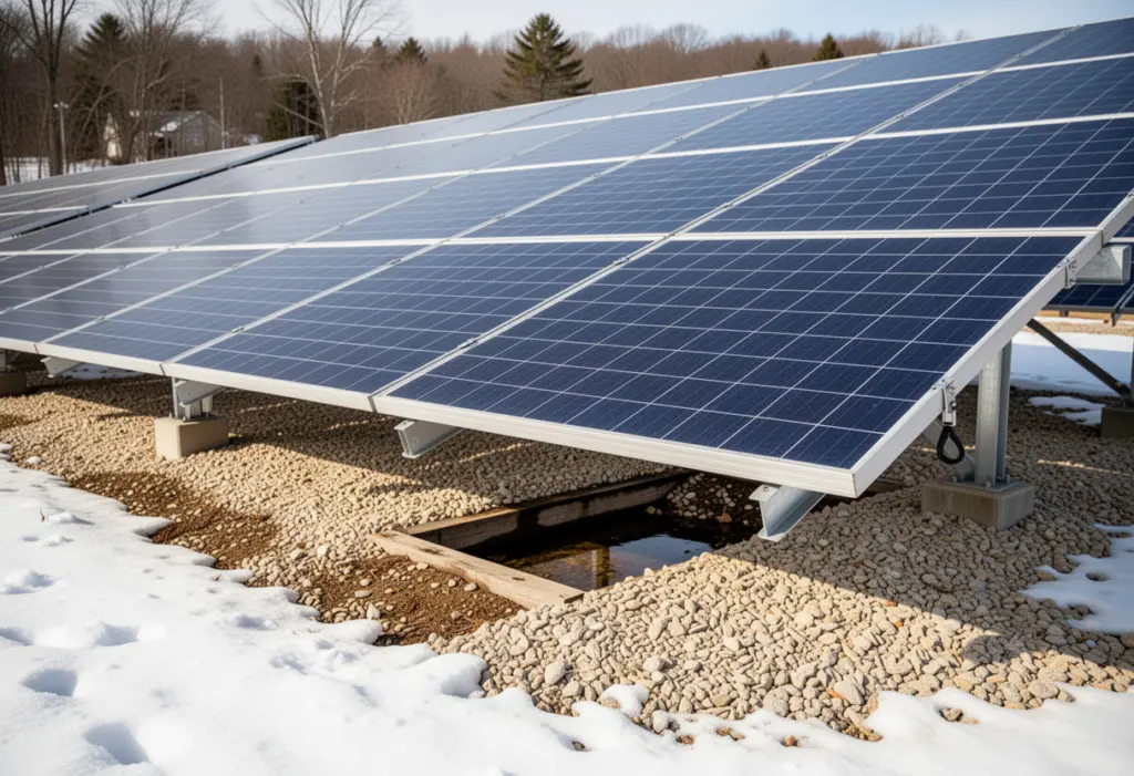 A ground-mounted solar array with visible gap beneath the panels over pale gravel in upstate New York, snow on the ground