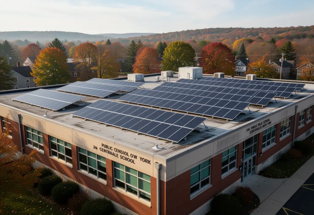 A solar array on the flat roof of a public school building in central New York