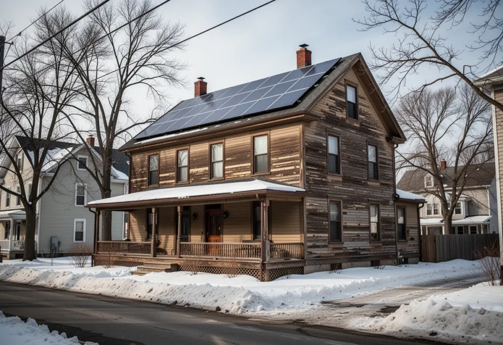 An early twentieth century wood-frame house with rooftop solar panels in Utica New York, snow along the street, bare trees
