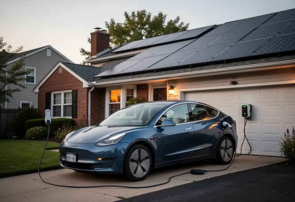 An electric car plugged into a wall charger in the driveway of a suburban New York house with rooftop solar panels