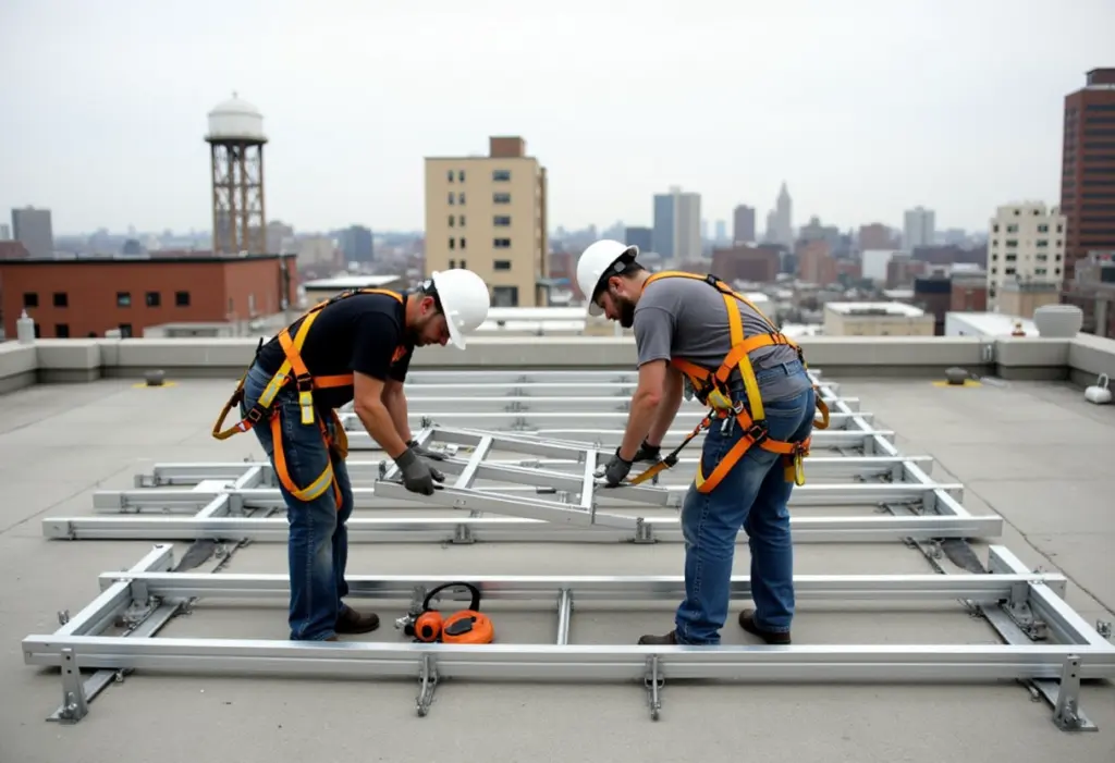 Two workers in safety harnesses assembling a solar racking frame on a flat Brooklyn rooftop, with water towers and low-rise buildings visible behind them under an overcast sky.