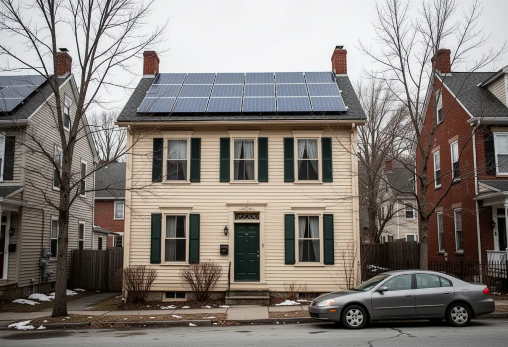 A narrow nineteenth century two storey house with rooftop solar panels on a small city lot in Orange County New York