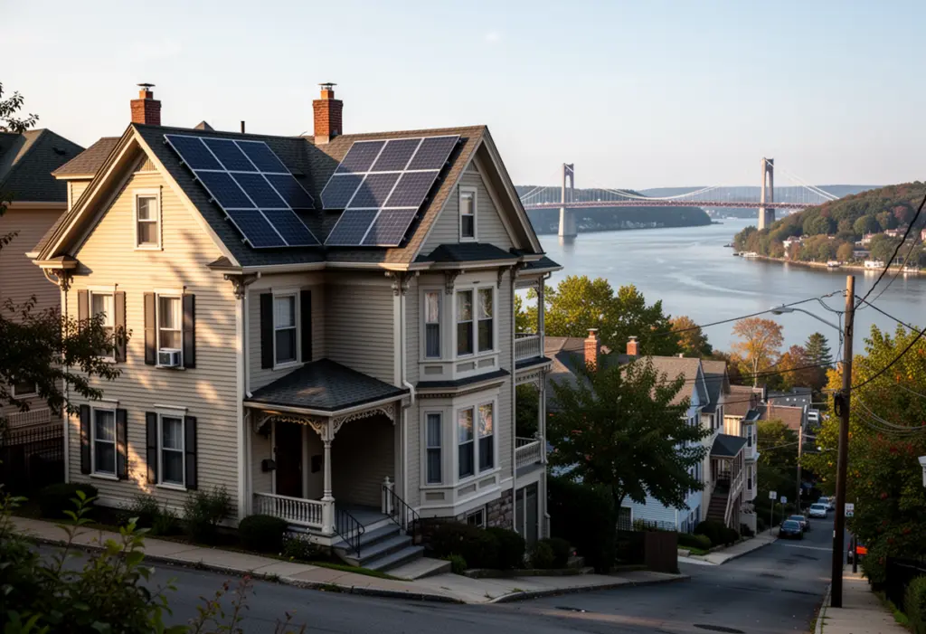 A Victorian clapboard house with rooftop solar panels on a hillside street above the Hudson at Nyack New York, river and bridge beyond