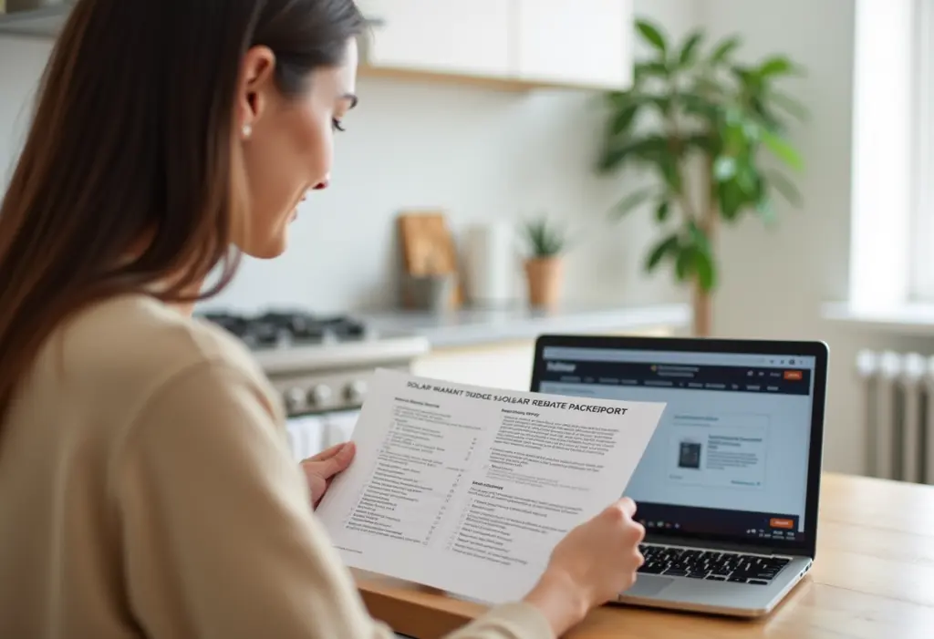A New York homeowner reviewing a solar rebate paperwork checklist at a kitchen table with a laptop showing a state government website