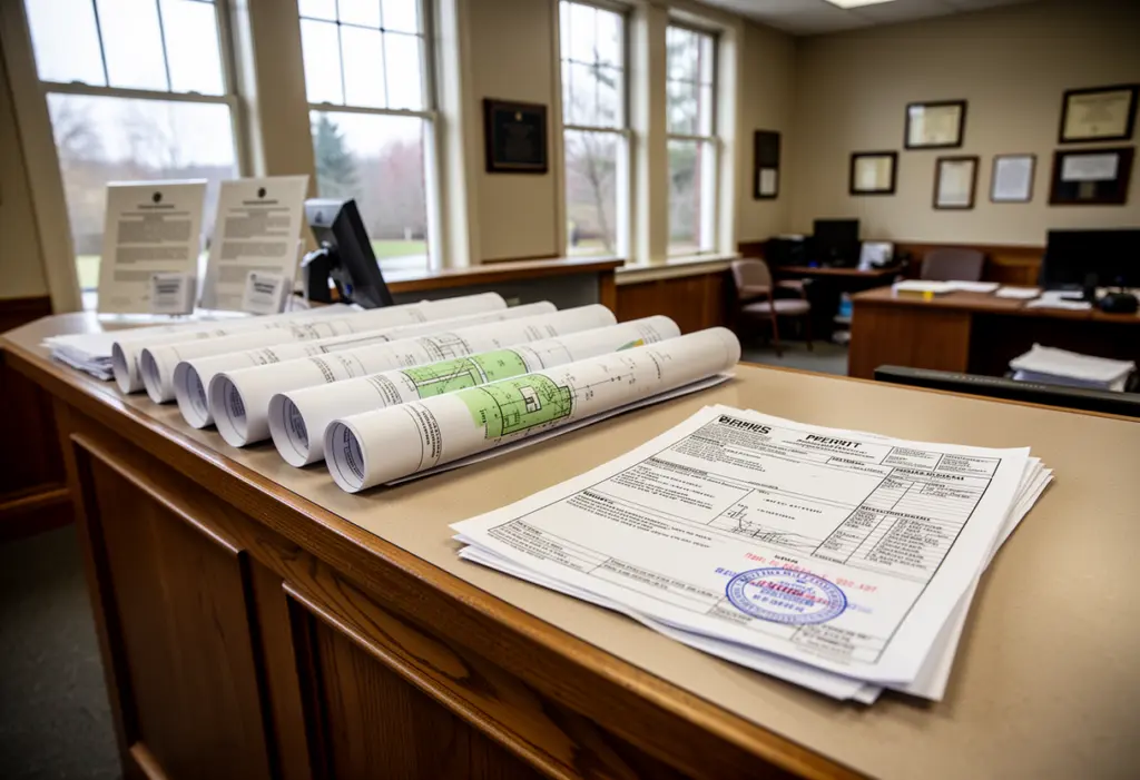A building department plan review counter with rolled site drawings and a stamped permit application in a small city hall in upstate New York