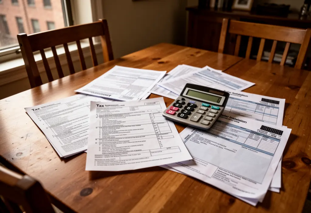 Tax forms, a calculator and a solar installation invoice spread on a wooden dining table in a New York home, warm daylight from a side window