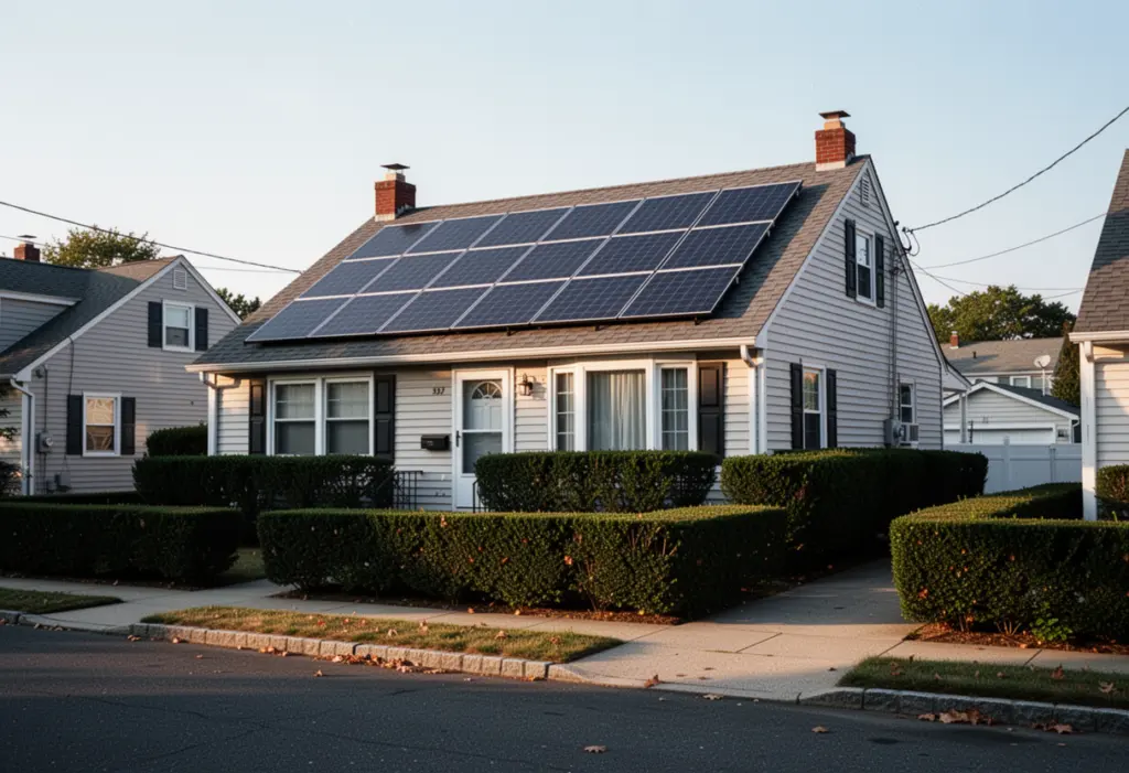 A modest Cape Cod house with rooftop solar panels on a tidy suburban street in Nassau County Long Island, trimmed hedges