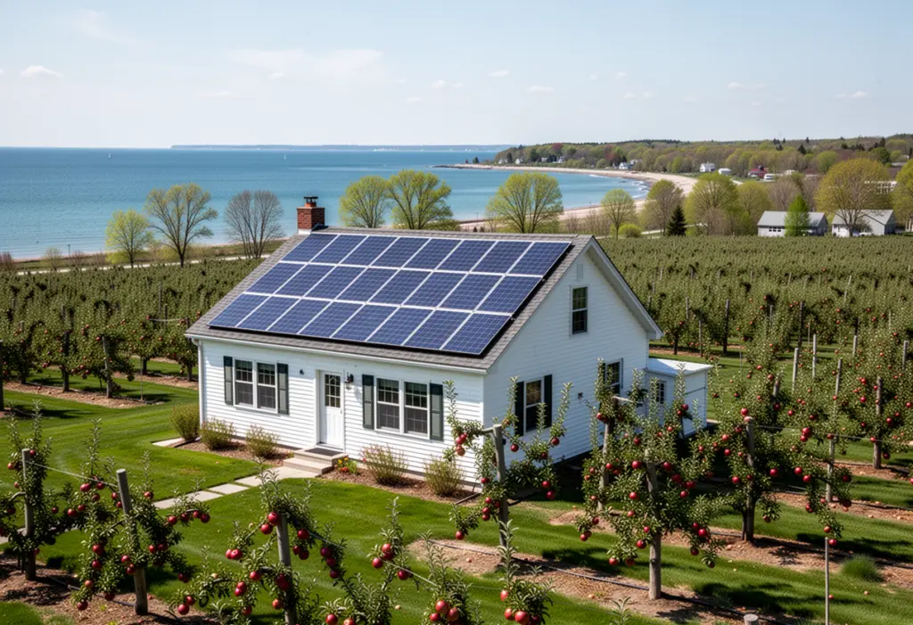 A farmhouse with rooftop solar panels beside apple orchards near the Lake Ontario shore in Wayne County New York