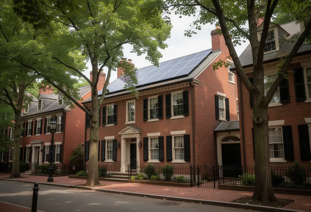 A nineteenth century brick house in a New York historic district with solar panels discreetly placed on a rear roof plane