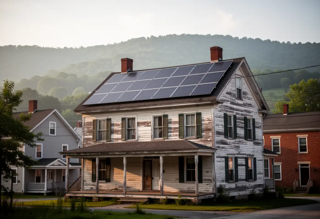 A nineteenth century wood-frame house with rooftop solar panels in a Mohawk Valley mill town in New York, hills behind