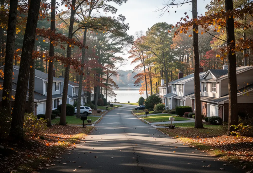 A wooded residential road of split level houses near the Nissequogue River in Smithtown, Suffolk County Long Island