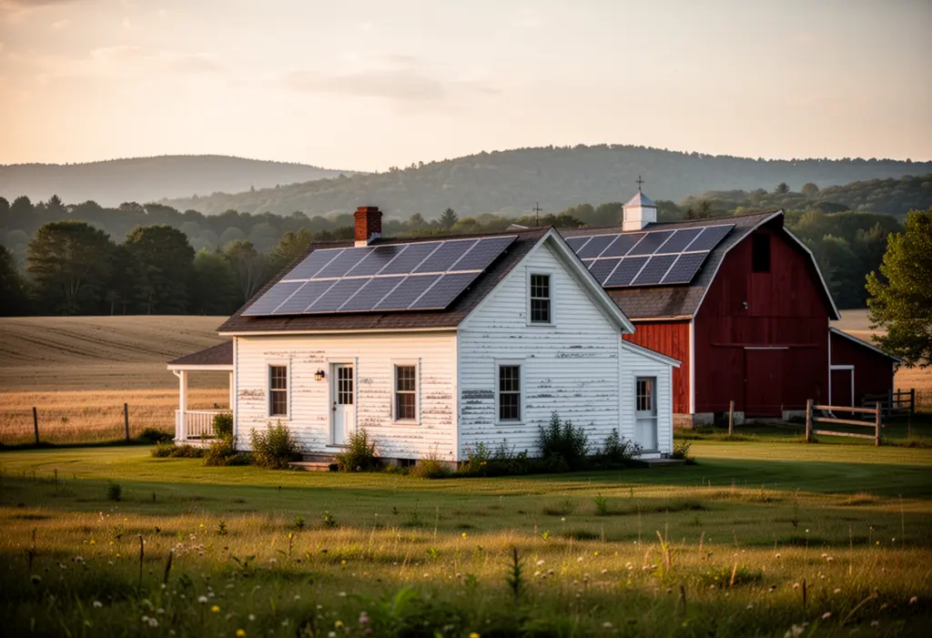 A white clapboard farmhouse with a red barn and rooftop solar panels in rural Columbia County New York, open fields and distant hills