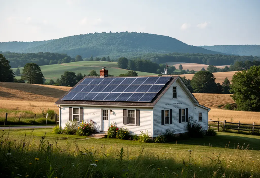 A farmhouse with rooftop solar panels in the rolling countryside of Orange County New York, fields and a distant ridge