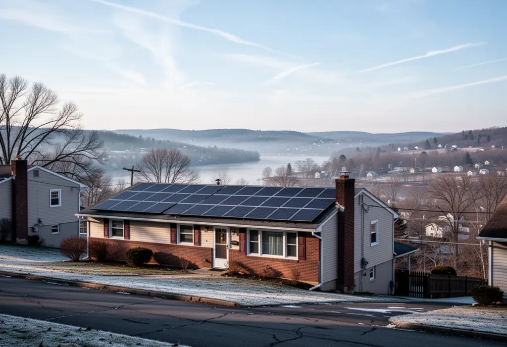 A mid century ranch house with rooftop solar panels on a gently sloping street above the Susquehanna valley in Endwell New York
