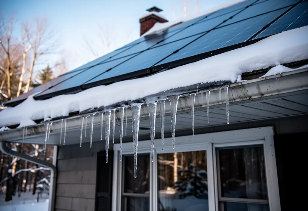 Icicles hanging along the eave of a house with a snow covered rooftop solar array in the Adirondack region of New York