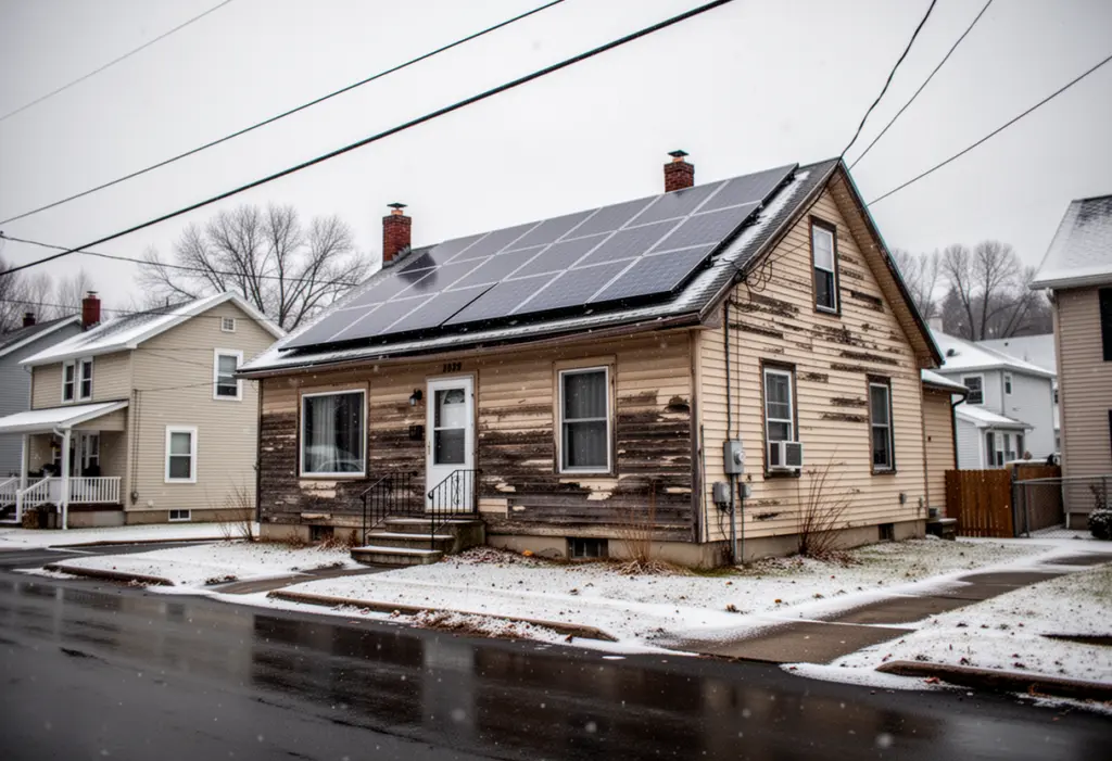 A modest wood-frame house with rooftop solar panels on a residential street in Jamestown New York