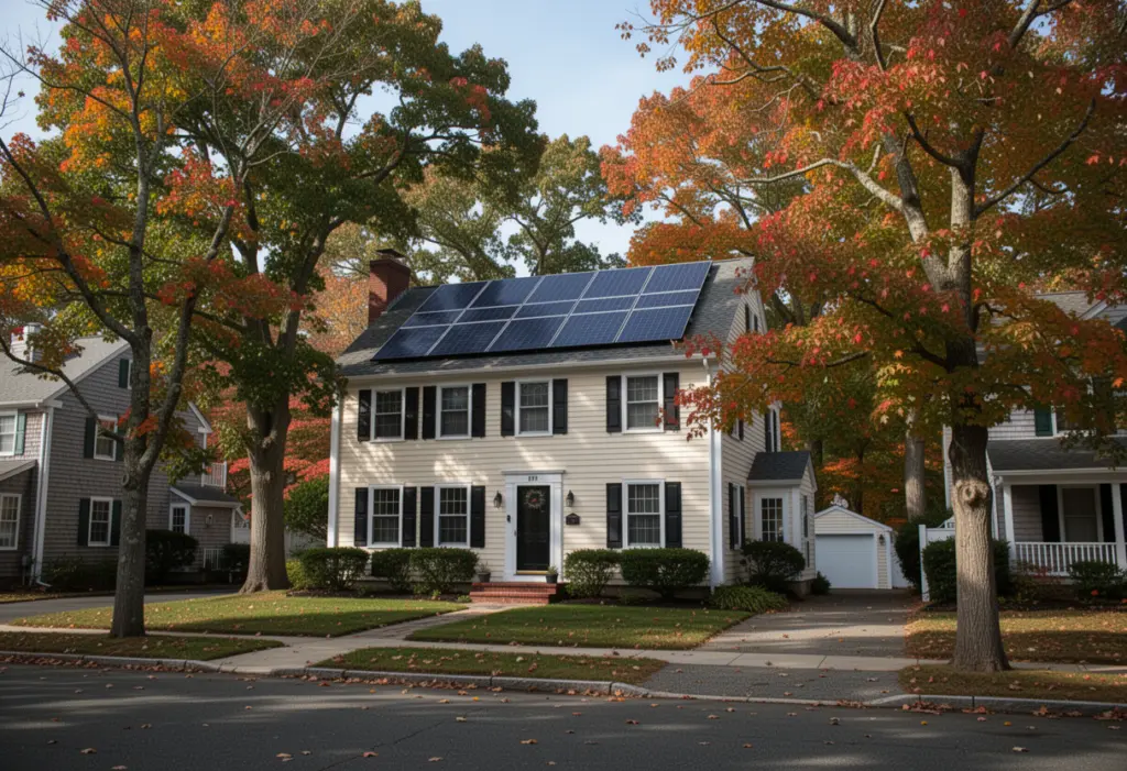 A colonial house with rooftop solar panels among mature trees on a suburban street in western Suffolk County Long Island