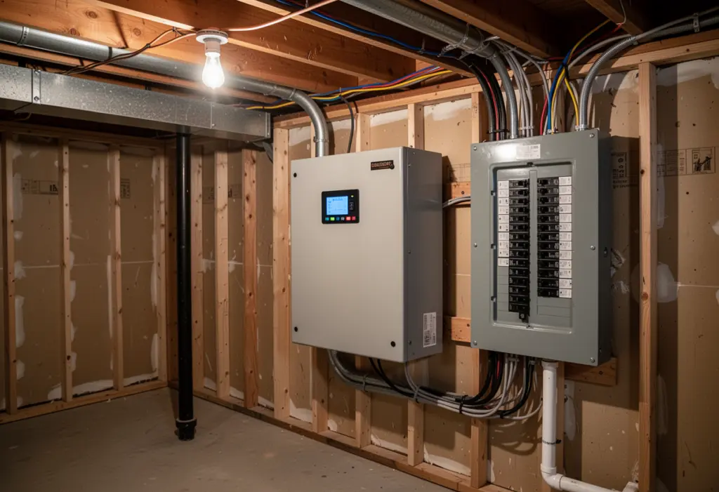 A home battery cabinet mounted in a clean unfinished basement utility room beside a breaker panel in an upstate New York house