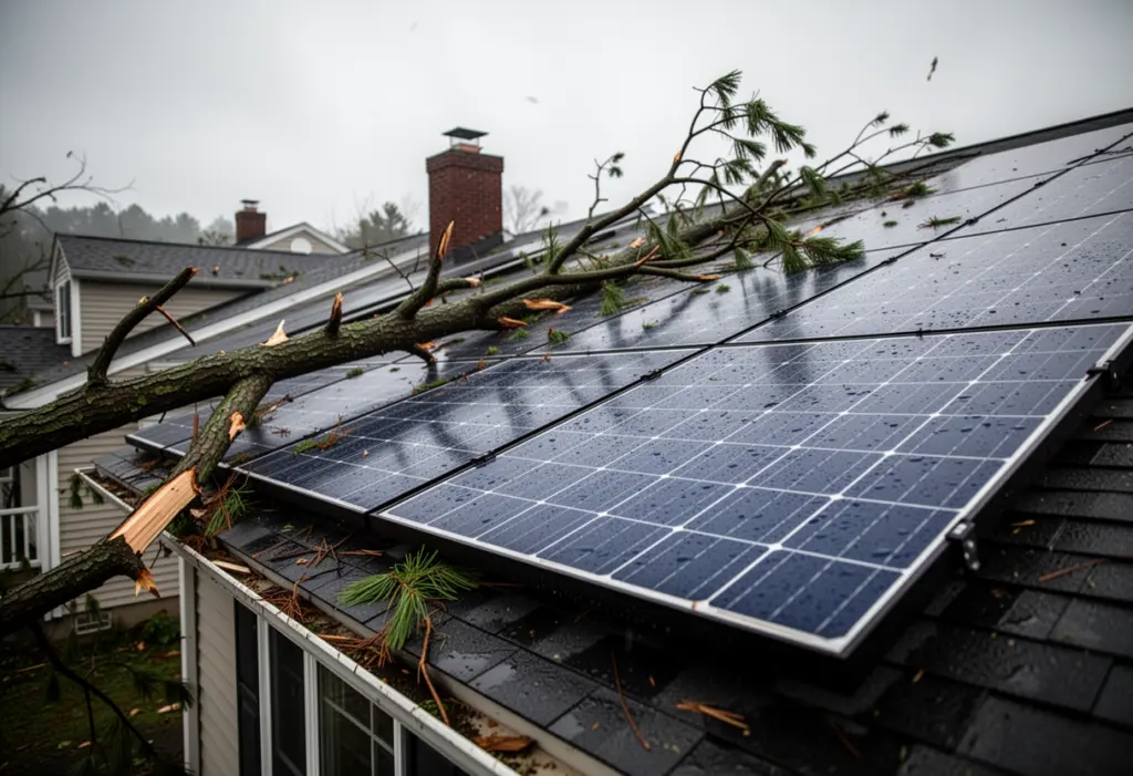 A residential solar array with a fallen tree branch resting across one corner after a storm in upstate New York