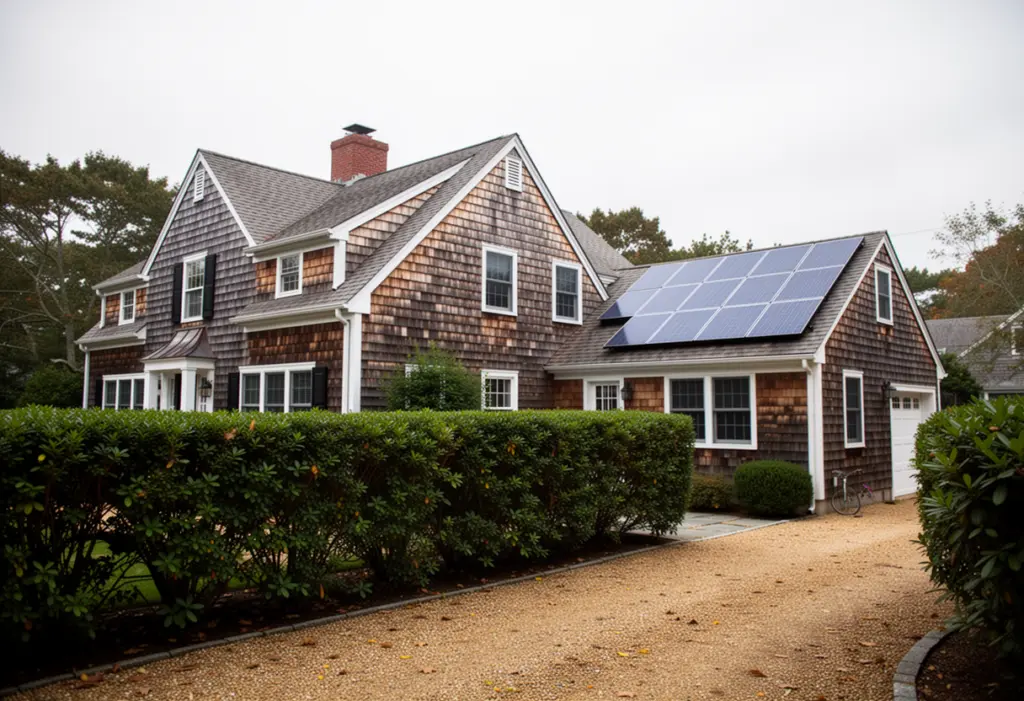 A cedar shingled house with a hedge and gravel drive with solar panels on a rear roof plane in Southampton on the east end of Long Island
