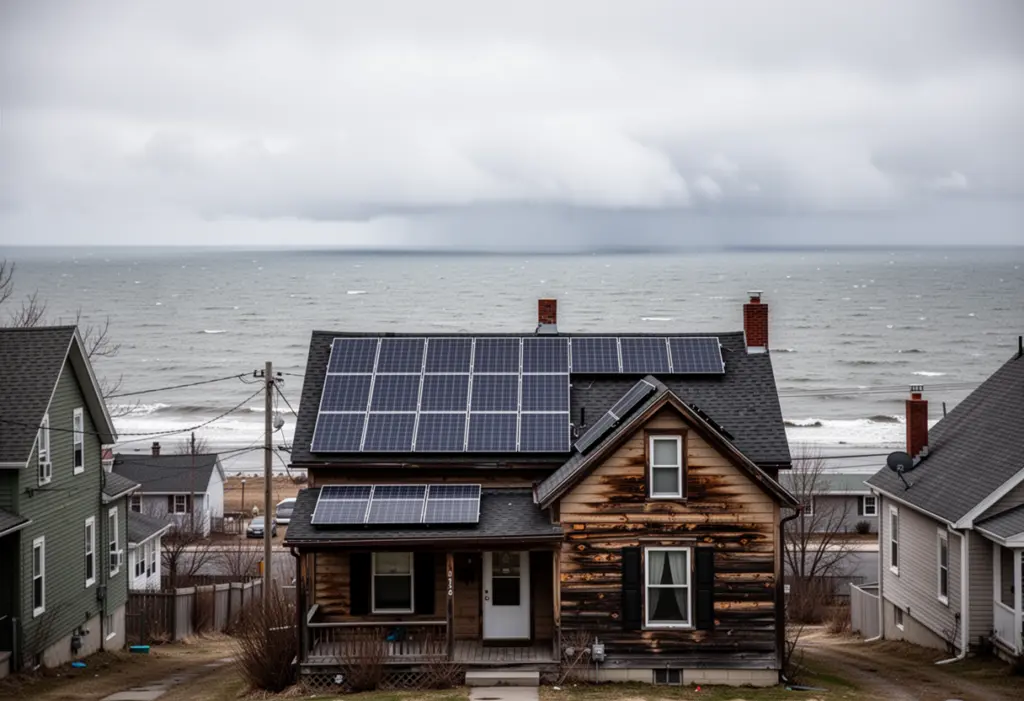 A wood frame house with rooftop solar panels a few streets back from the Lake Erie shoreline at Dunkirk New York