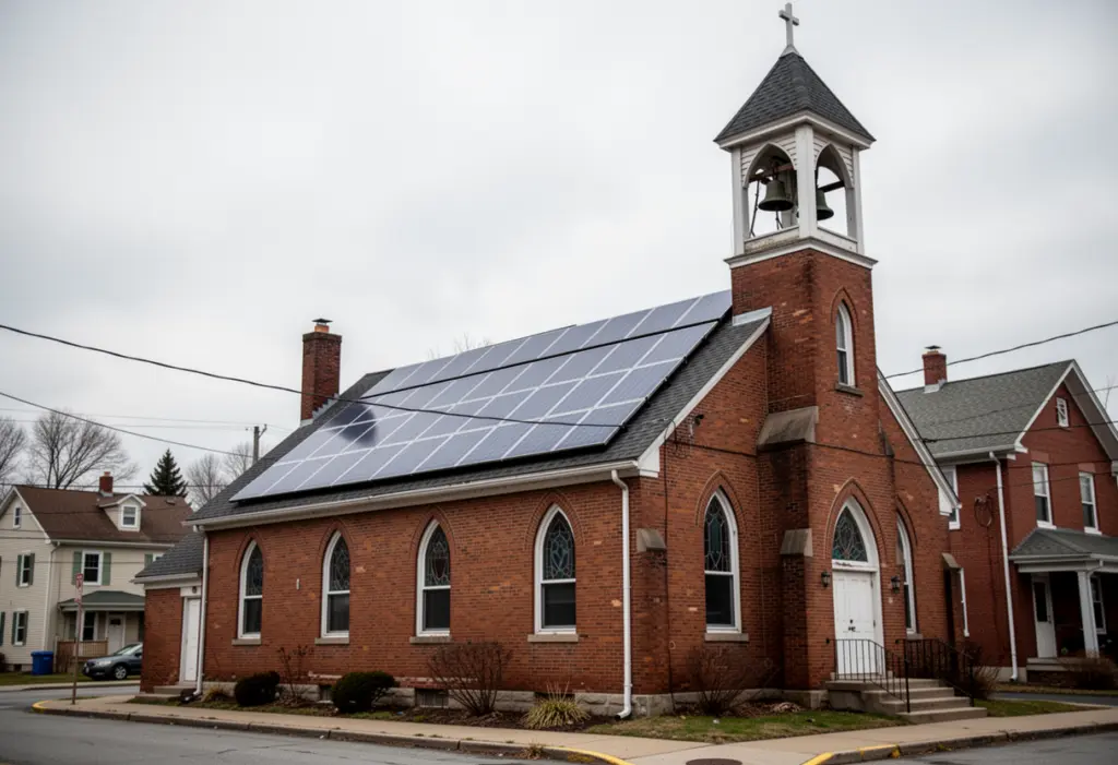 Solar panels on the roof of a modest brick church building with a bell tower in a small town in New York