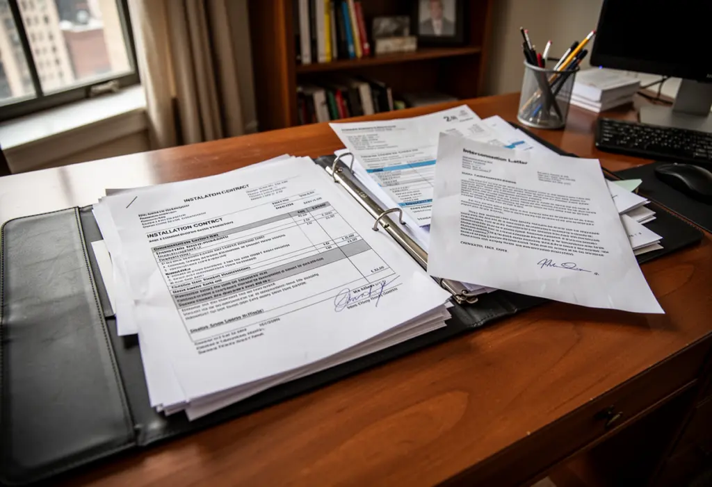 An open document folder containing an installation contract, invoices and an interconnection letter on a desk in a New York home office