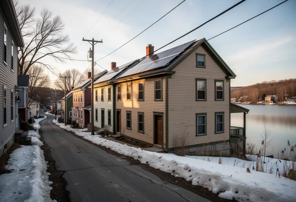 Compact early twentieth century worker housing with rooftop solar panels on a narrow village street beside a lake in central New York