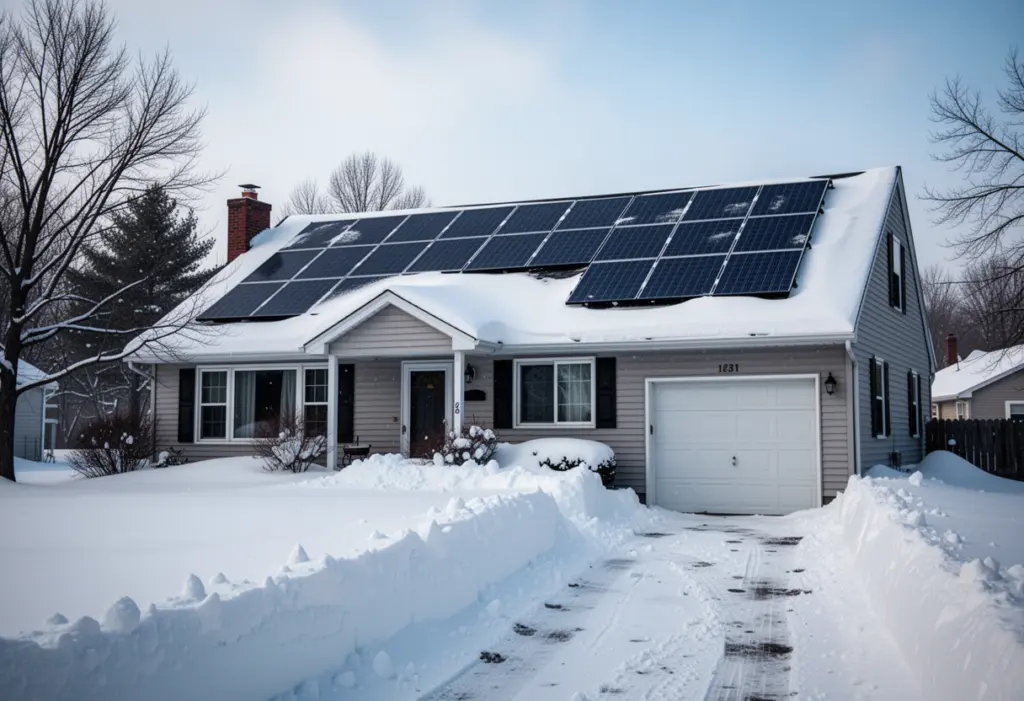 A suburban house with rooftop solar panels under deep snow cover in the Erie County snow belt of western New York