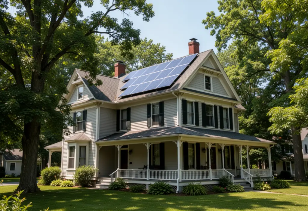A Victorian house with solar panels on a rear roof plane in Saratoga Springs New York, mature trees and a broad porch
