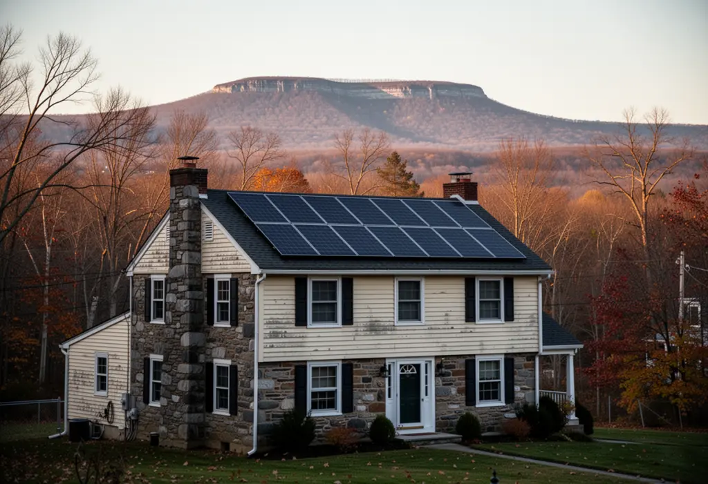 A stone and clapboard house with rooftop solar panels in New Paltz New York, the Shawangunk Ridge on the horizon behind bare autumn trees